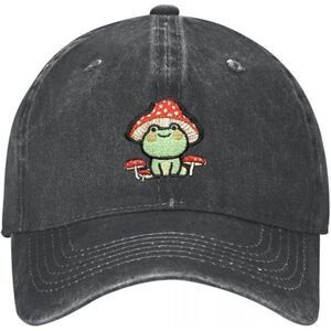 Unisex Black Cotton Mushrooms Frog Embroidered Adjustable Buckle Baseball Cap